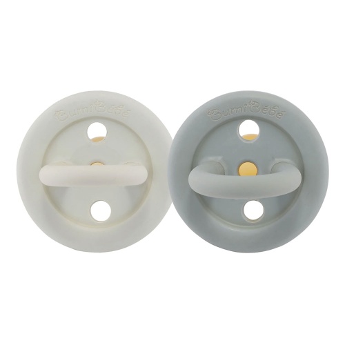 Hevea Natural Rubber Bumibebe Baby Soothers 2 Pack - Round Teat - Dove Grey & Sage