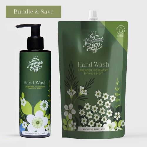 The Handmade Soap Company 250ml Hand Wash and 500ml Refill Bundle - Uplifting and Soothing Lavender Rosemary Thyme & Mint