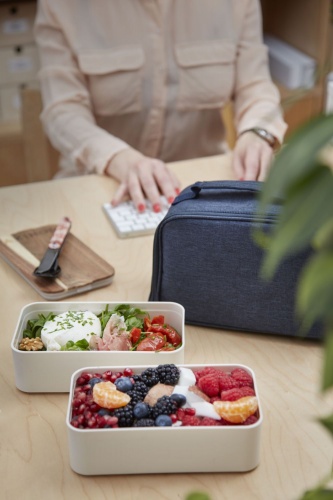 Akinod Double Bento Lunchbox with Insulated Recycled Plastic Tote - White/Blue Jeans